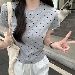 Camisetas para mujeres estilo coreano lindos lunar algodón camiseta de algodón para mujeres de manga corta mujer delgada collar de cuello redondo casual