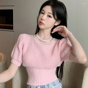 T-shirts pour femmes Style coréen Pink Puffy Sleeve Knit Short Top Femme Spring Summer Perle Perle Sweet Slim Pull T-shirt