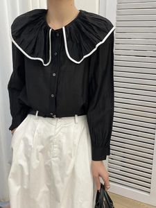 T-shirts pour femmes T-shirts de style coréen plissé à volants à volants chemise à col de poupée mode tout match noir blouse décontractée femmes 2024 printemps été x774