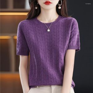 T-shirts pour femmes Style coréen couleur unie décontracté O cou tricoté bureau dame Slim t-shirts à manches courtes hauts de maman été d'âge moyen