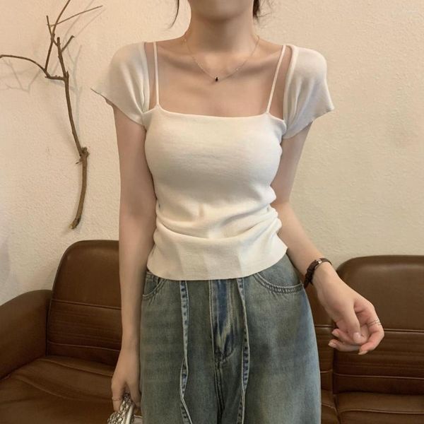 T-shirts pour femmes coréen été tricoté T-Shirt pour les femmes élégant col carré couleur unie pull court haut Sexy sangle maigre pull