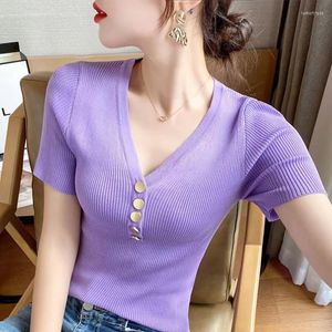 T-shirts pour femmes Version coréenne Été Col en V Ice Silk T-shirt à manches courtes Taille haute Slim Short All-match Top Thin Women's Knitted