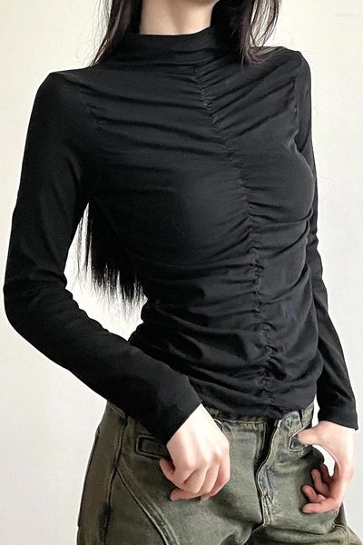 Camisetas para mujer Korobov Negro Medio cuello alto Y2k Tops Camisa base de manga larga para mujer Otoño Invierno Diseño de pliegues adelgazante Harajuku