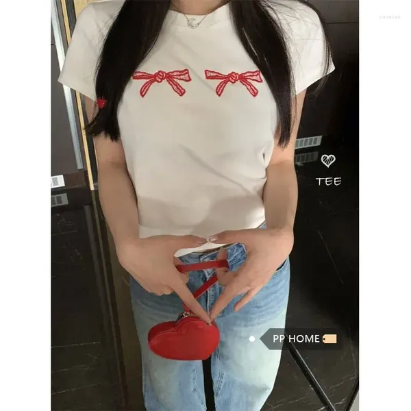 Camisetas para mujeres Kusahiki Chic Bow Borded Camiseta de manga corta para el verano 2024 Sweet Spicy Round Neck Girl Y2K Top