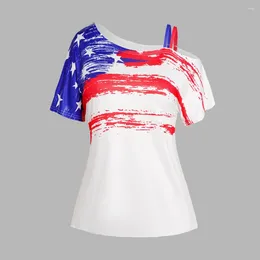 T-shirts Femmes L-5XL Plus Taille Courbe Femmes Chemise Oblique Épaule Star Rayé Imprimé Skew Cou Patriotique Tee