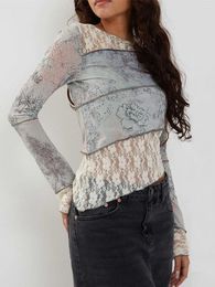 T-shirt patchwork en dentelle pour femmes pour femmes à manches longues choux floraux à imprimé asymétrique choux de style y2k