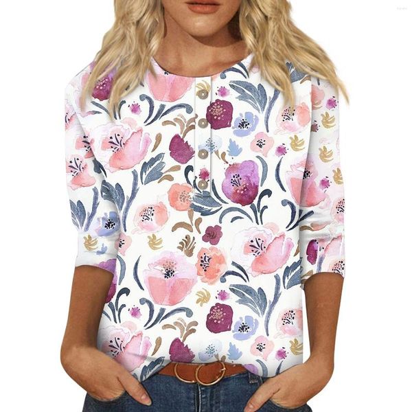 T-shirts pour femmes Dames Imprimé Floral Manches Trois-Quarts Bouton Col Haut T-Shirt Bas Chemise Vêtements Vente Recadrée Feminino 2024