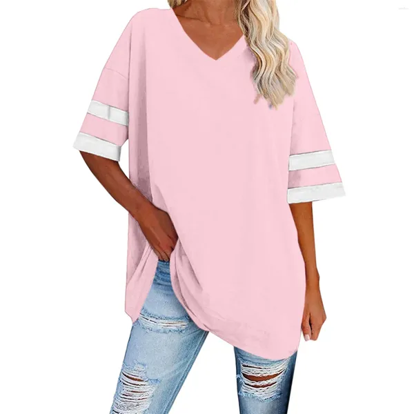 T-shirts pour femmes dames lâche décontracté col en V à manches courtes manchette rayé Patchwork couleur unie chemise pour femmes