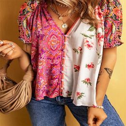 T-shirts pour femmes dames multicolore floral bulle manches col en v lâche t-shirt été américain quotidien superbe chemise de pull décontracté