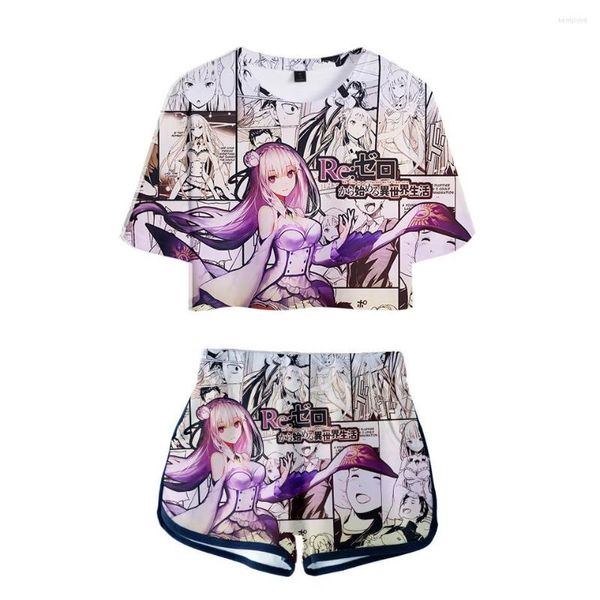 Camisetas para mujer, traje de mujer, camiseta de Anime Remlam para chica, pantalones cortos, pantalones con ombligo, deportes de manga corta, Re Zero Sexy de dos piezas