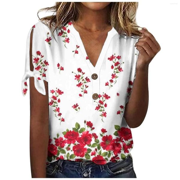 Camisetas de mujer Moda de verano para mujer Camisetas con estampado floral Mujeres sueltas Casual con cuello en V Botón Camisetas Mujer Hollow Out Camisetas de manga corta