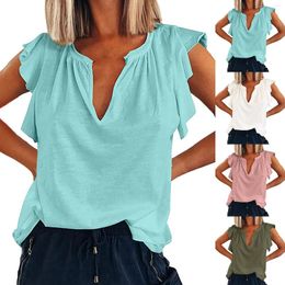 T-shirts pour femmes dames mode d'été col en V à manches courtes lâche couleur unie à volants chemise robe femmes