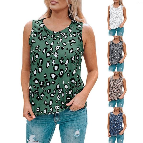 Camisetas para mujeres Damas Summer Leopard estampado de estampado redondo Camiseta del chaleco sin mangas delgada Tops moda para mujeres