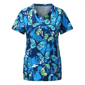 Camisetas de mujer, uniforme de señora, ropa de trabajo de manga corta con cuello en V, blusa informal de enfermería con estampado de flores para mujer trabajadora