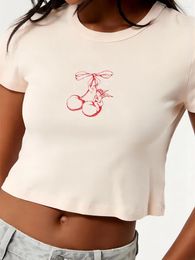 T-shirts pour femmes Lairauiy Kawaii Y2K Col rond Hauts courts Mignon Arc Cerise Imprimé Manches courtes Slim Fit Esthétique Bébé T-shirts Streetwear