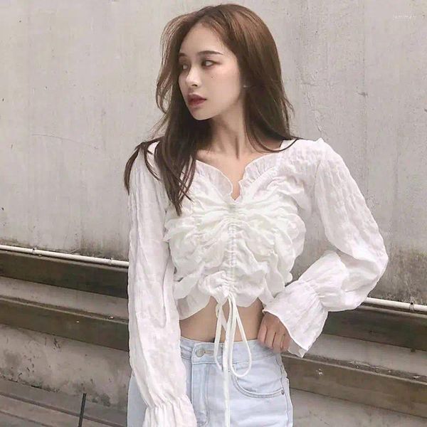 Camisetas para mujer Linterna Manga larga Cordón Plisado Cultivo Camisa de mujer Moda de gran tamaño Primavera Verano Estilo coreano Lindo Slim Top blanco