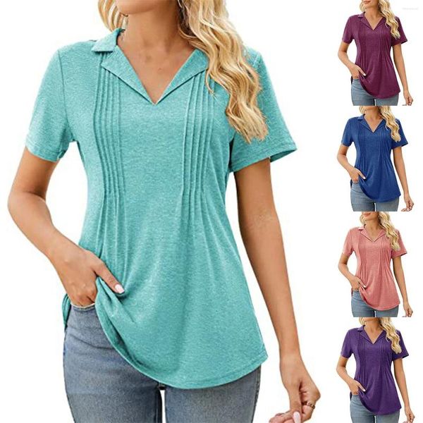 Camisetas para mujer Solapa Plegable Suelta Manga corta Color sólido Mujeres activas Camiseta larga para mujer Algodón