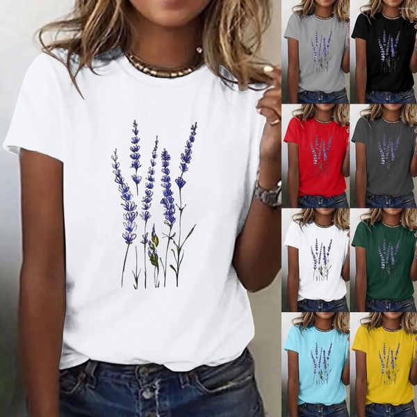 Camisetas de mujer Camisa con estampado floral de lavanda Camiseta con campanero Camisetas de manga larga de algodón occidental para mujer