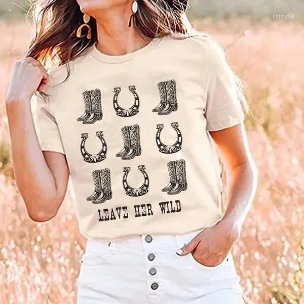 T-shirts pour femmes Leave Her Wild Women Country Music T-Shirt Cowgirl Vintage Western Rodeo Graphic Tee Short Sleeve Cute Retro Shirt Tops