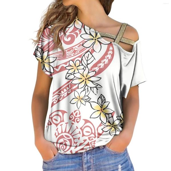 Camisetas para mujer Estilo informal Blusas para mujer con estampado floral polinesio Tops Tallas grandes Camiseta holgada fina con diseño de hombros descubiertos