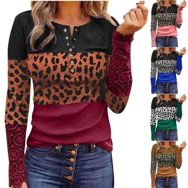 Camisetas de Mujer con estampado de leopardo para Mujer, blusa de manga larga con cuello redondo, camisetas de trabajo abstractas en 3d para Mujer de talla grande