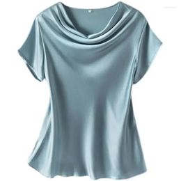 T-shirts pour femmes léger luxe lisse Satin blanc T-shirt femmes 2023 été mode élégant Pile col grande taille ample haut décontracté