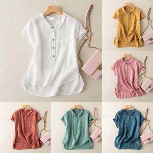 Camisetas para mujer, camisa ligera para mujer, Tops con hombros descubiertos para mujer, blusa de cuello levantado de manga corta de lino de verano 2023
