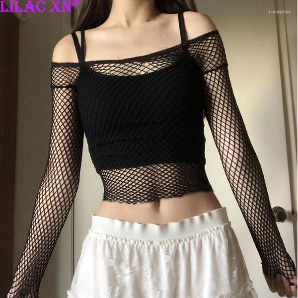 Camisetas de mujer Lila XN Sexy Hollow Out Mesh Camisetas de manga larga para mujer Y2K Estética Negro Bodycon Crop Top Camiseta básica de verano