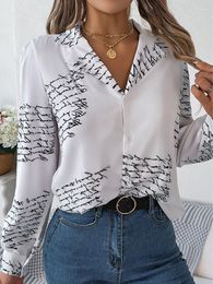 Mulheres camisetas Liooil Mulheres Carta Imprimir Sexy Button Up Cardigan Turndown Collar Branco Tops e Blusas Streetwear Outono Inverno