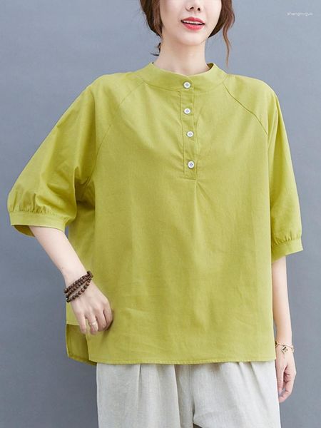 T-shirts pour femmes Chemise en coton et lin ample littéraire 2023 Été Couleur unie Coutures multi-codes Haut à manches courtes Personnalité