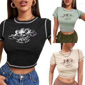 T-shirts pour femmes T-shirts imprimés Little Angel T-shirts à manches courtes Col rond Contrast Stitch Crop Tops
