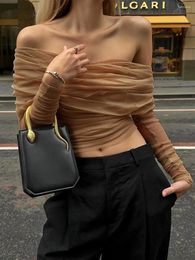 T-shirts pour femmes à manches longues couleurs de couleur unie coupée sur le cou de couche à épaule