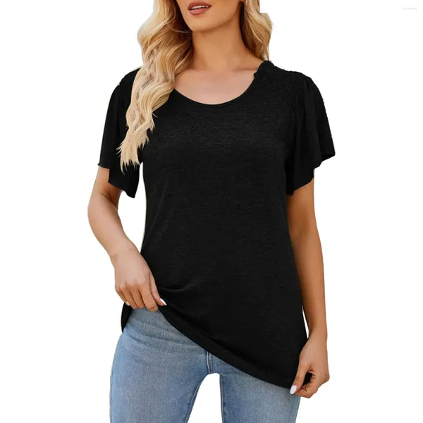 Camisetas para mujer Camisa de manga larga Mujer Moda Verano Sólido Cuello redondo Plisado Tops y blusas para mujer Top de tortuga