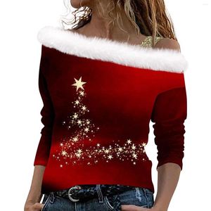 T-shirts pour femmes hauts à manches longues femmes imprimé de Noël lâche imprimé éteinte parié joyeux o cou ajusté