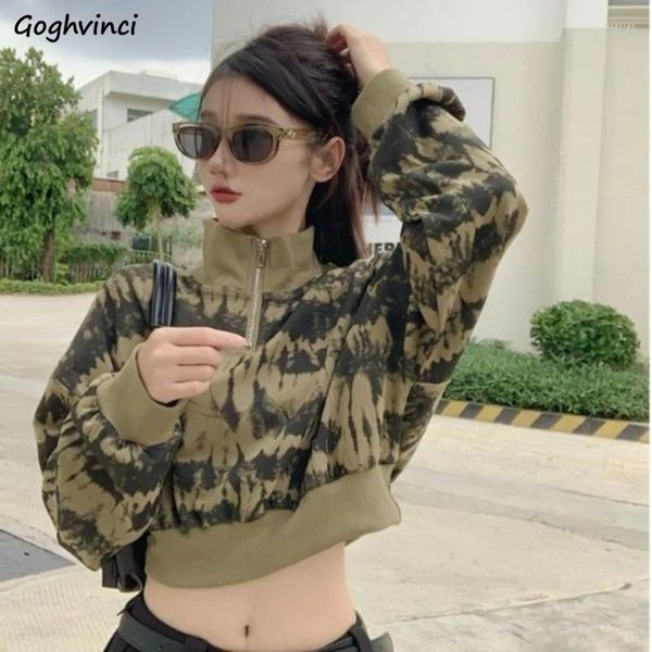 Camisetas para mujer Camisetas de manga larga Mujeres Tie Dye Stand Collar Mujer Crop Tops Camuflaje Cremalleras Streetwear Vintage Camisetas sueltas Retro