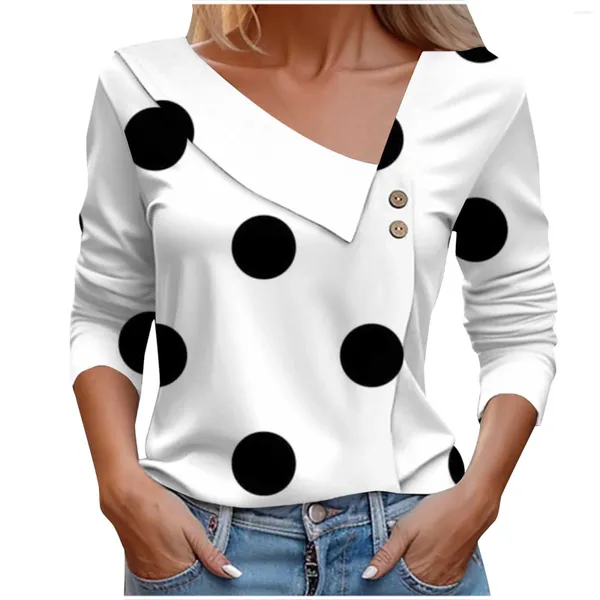 Camisetas de Mujer, Camiseta holgada informal estampada de manga larga, Camisetas de lunares con cuello Diagonal a la Moda de otoño, Top Moda Mujer Blusa