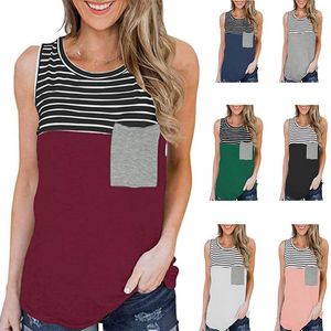 T-shirts Femmes T-shirts lâches Femmes Jumpers Sans manches Casual Tops Femme Pull Femme Tank O-Cou Été Sexy Stripe Tissu Undershit