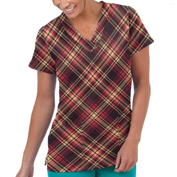 T-shirts pour femmes perdre femmes dames décontracté noël Plaid imprimé à manches courtes poche haut ample soins vêtements de travail Wrap col en V