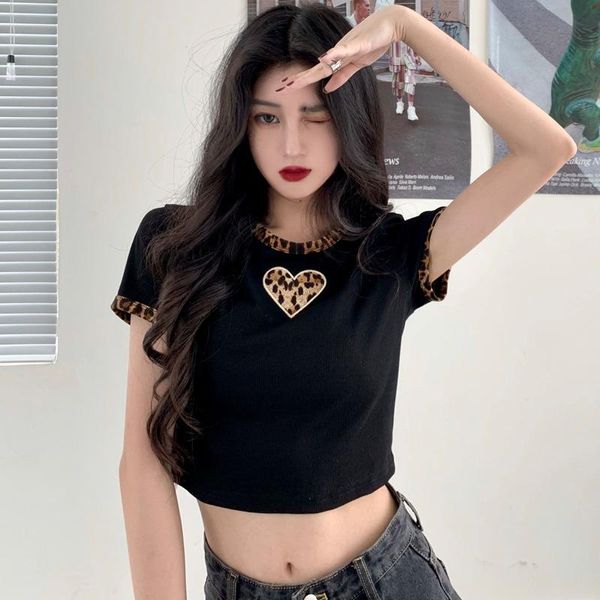 Camisetas de mujer Love Leopard Slim Mujer Ropa O-cuello Camisetas de manga corta Verano Coreano Ins Hipster Crop Tops Marca de moda femenina