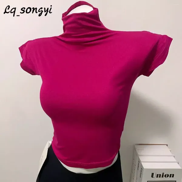 T-shirts pour femmes LQ_Songyi Slim Fit Crop Top Mock Neck Femmes High Strecth Tops courts Printemps Modal Skinny Sleeve Chemise solide