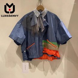 Camisetas de mujer LUXEENVY 2024 Primavera/Verano Diseño Sense Casual Polo Cuello Camisa Contraste Panel de encaje Top de manga corta