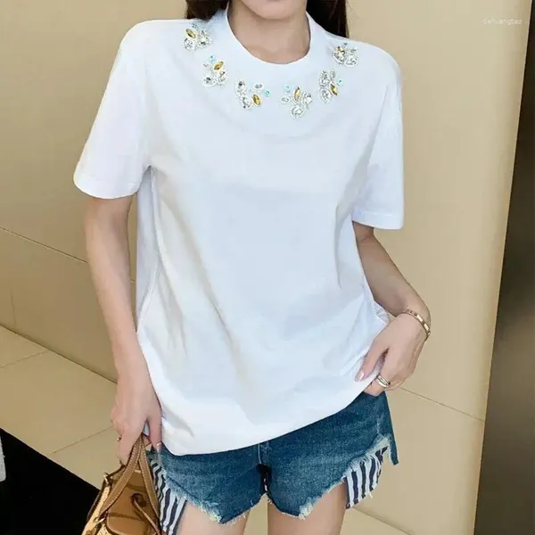 T-shirts Femmes Luxe Perles Strass O-Cou Blanc Grande Marque Slim O Col Dames À Manches Courtes Mode Coréenne Casual 2023 Été