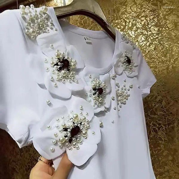 T-shirts pour femmes Style de luxe perles strass perles T-shirt T-shirts fleurs 3D coton T-shirts à manches courtes pulls haut femmes vêtements