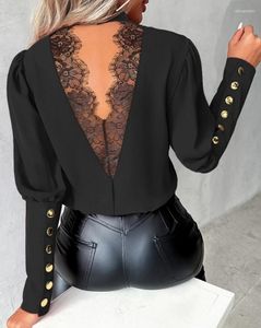 T-shirts pour femmes Top de luxe Femmes à manches longues en dentelle solide col rond boutonné chemise doublée avec 2024 printemps / été dernier style élégant