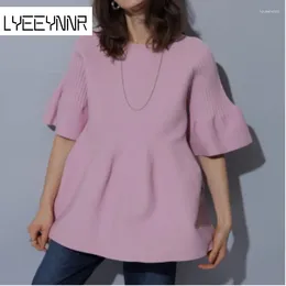 T-shirts voor dames LYEEYNNR Gebreide T-shirts in Japanse stijl Dames Effen Kleur Eenvoudig All-match High Street Fashion Zachte losse zomertops