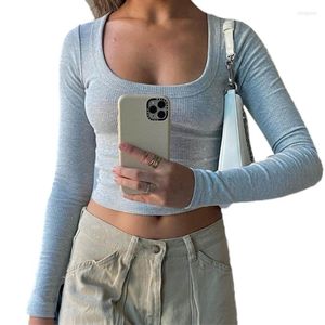 T-shirts pour femmes M2EA Crop Top à manches longues pour femmes Sexy Low Cut Col rond Tricot côtelé Couleur unie Slim Fit Casual Basic Pullover