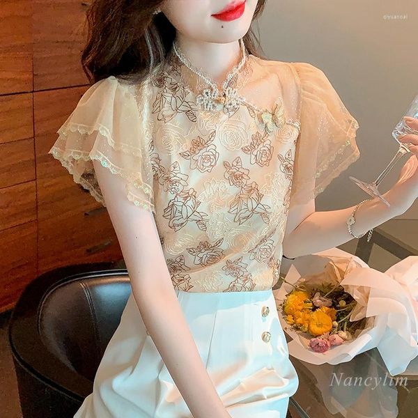 T-shirts T-shirts pour femmes broderie en dentelle Retro Cheongsam pour femmes 2022 Été Ruffled Sleeves Top