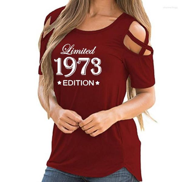 Camisetas de mujer hechas en 1973, camiseta con estampado de 50 años para mujer, camiseta informal con hombros descubiertos cruzados para regalo de 50 cumpleaños, camisetas para mujer