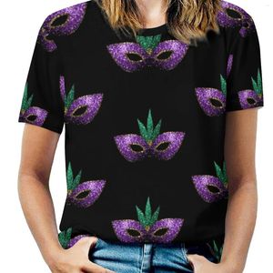 Dames T-shirts Mardi Gras Masker Paars Groen Goud Faux Sparkles Dames T-shirt Lente en zomer Gedrukt Ronde Hals Pullover Top