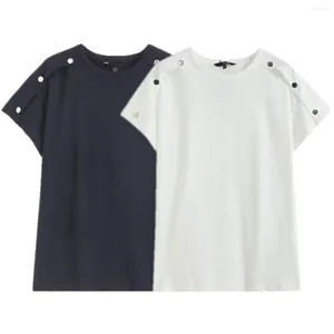 Dames t shirts maxdutti op schouderforens Leisure marineblauw t-shirt vrouwen minimalistische mode knoppen zomer t-shirts solide tops